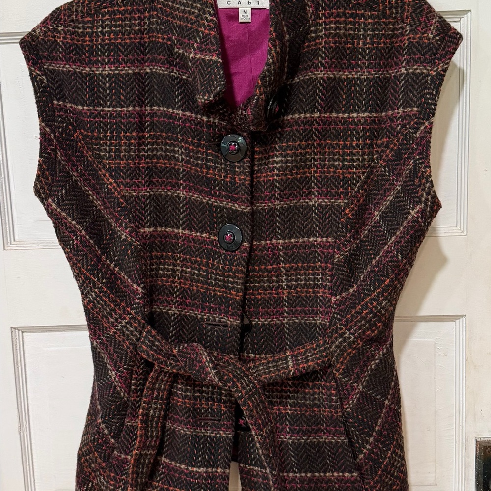 CAbi Brown Plaid Belted Vest with Pink Accents